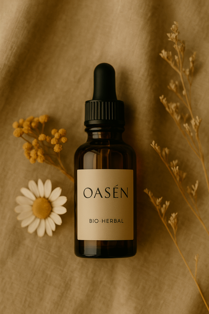 OASÉN herbal face oil bottle styled with dried flowers and a chamomile blossom, representing vegan skincare and emotional calm.