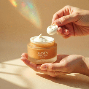 A person scooping OASÉN’s vegan cream with soft natural light and a rainbow reflection.
