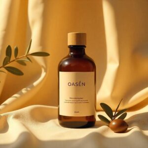 OASÉN Radiant Skin Oil bottle styled with olive branches on a warm fabric background.