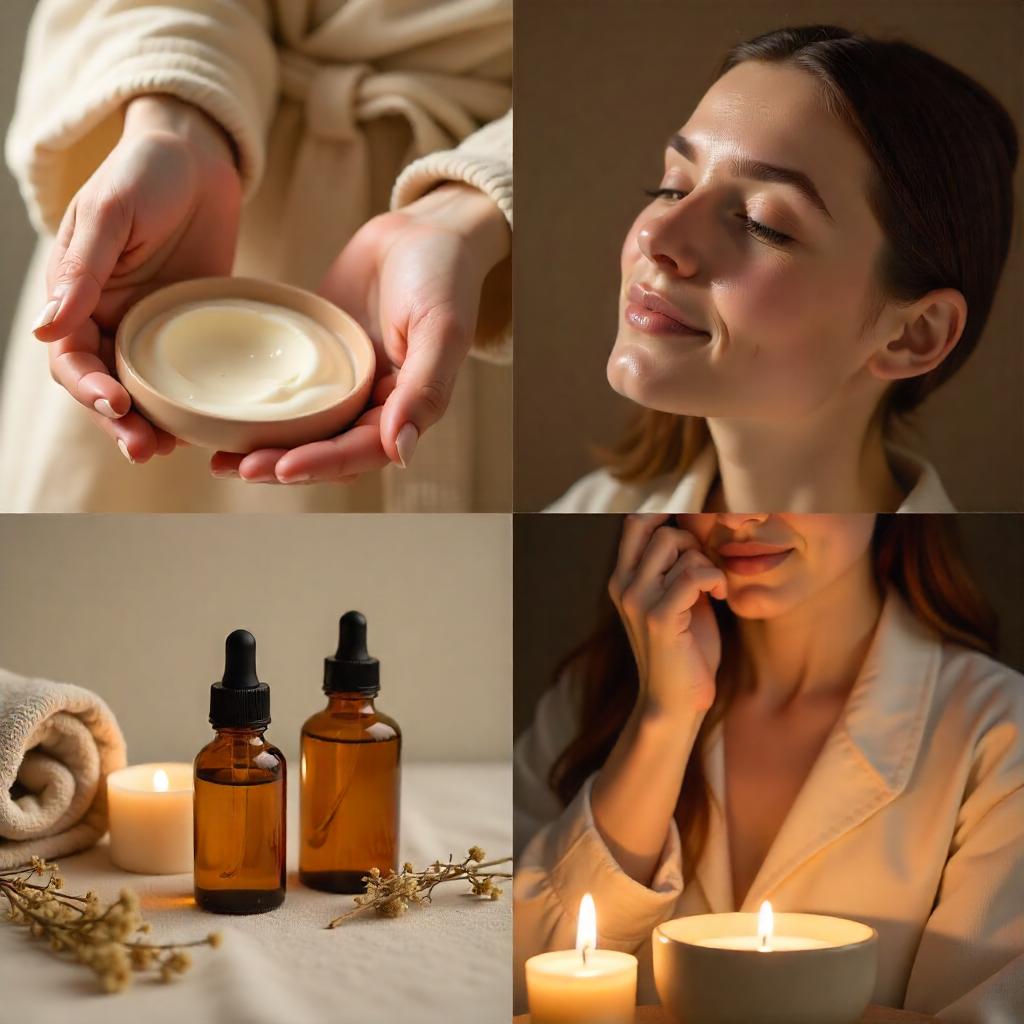 A woman practicing self care with candles, skincare cream, and essential oils