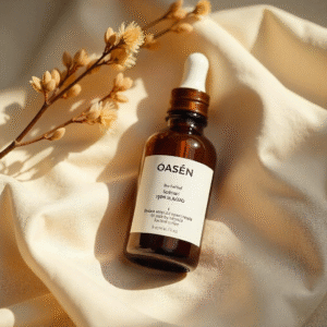 OASÉN Bio Herbal Oil bottle placed on soft fabric with dried flowers.