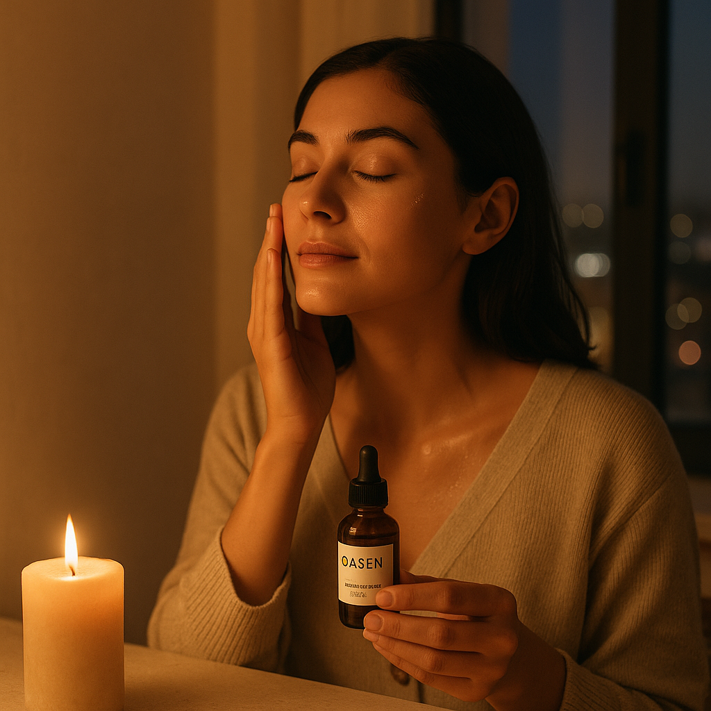 A woman applying facial oil with eyes closed beside a lit candle, creating a calming self-care evening ritual.