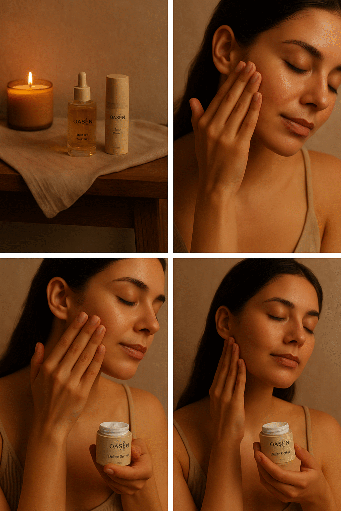 A woman practicing her nightly skincare ritual as a way to love yourself and unwind.
