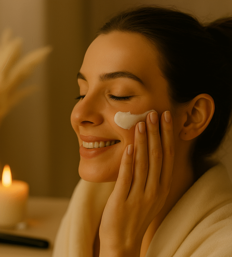 A woman smiling peacefully while applying skincare cream by candlelight, embodying a loving evening ritual.