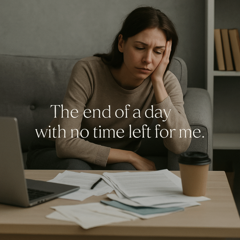 "A tired woman sitting at a cluttered desk at the end of the day, symbolizing burnout and the need for self care"