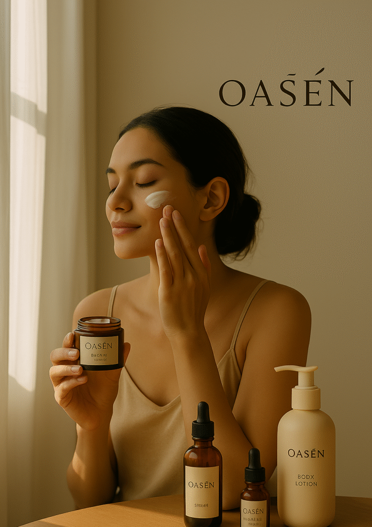 A woman enjoying her vegan skincare ritual by a sunlit window with OASÉN products, reflecting peaceful, eco-conscious self-care.
